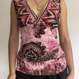 Pink and black paisley print top with ruffle detail #paisley